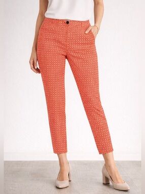 Reitmans Red & White Geometric Print Ankle Pants Size 8P Petite